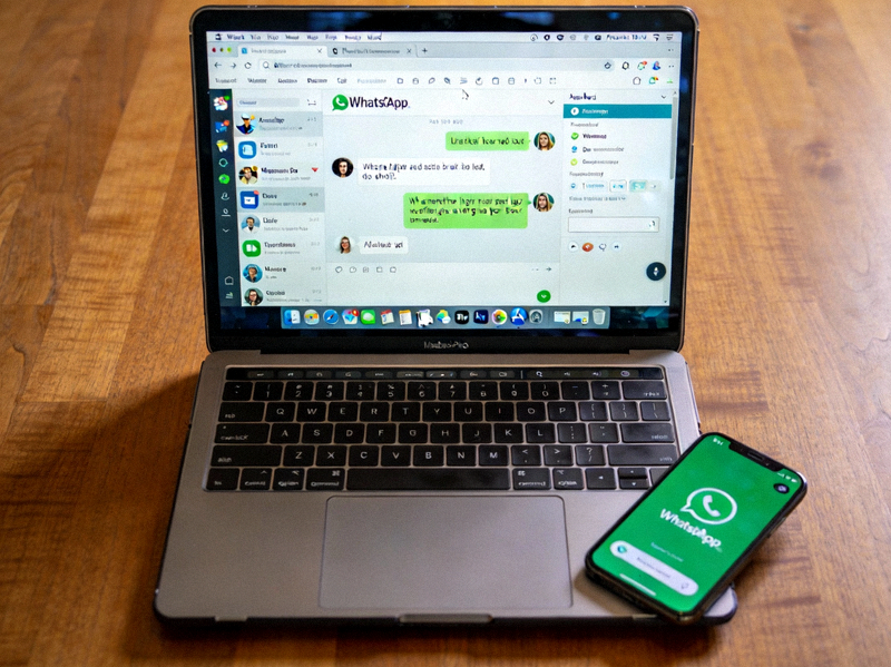 笔记本电脑上显示WhatsApp网页版聊天界面，旁边放着手机